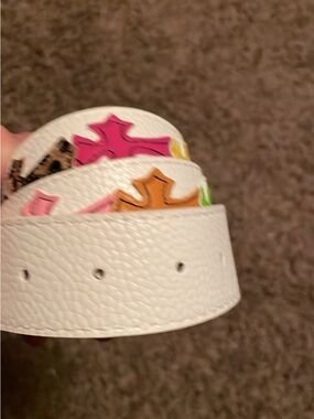 White Chrome Hearts Leather Belt with Colorful Cross Accents